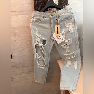 Reverse Light Blue Distressed Boyfriend Jeans